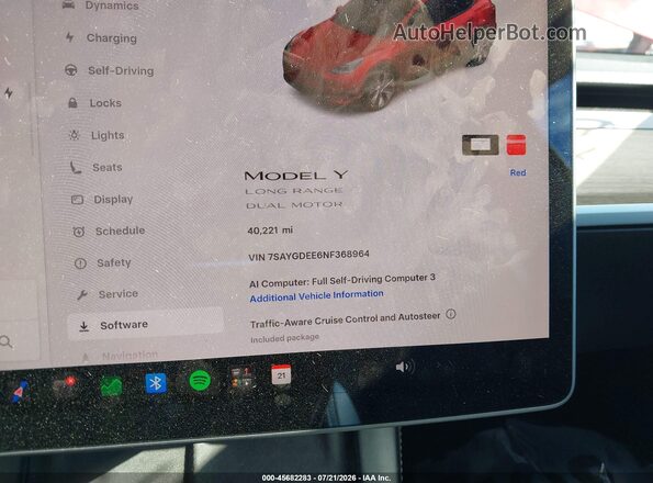 7SAYGDEE6NF368964 2022 TESLA MODEL Y Red Vista de los asientos traseros