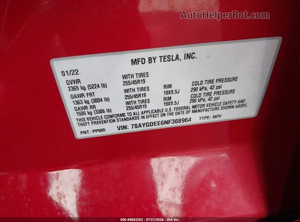 7SAYGDEE6NF368964 2022 TESLA MODEL Y Red Vista del compartimento del motor