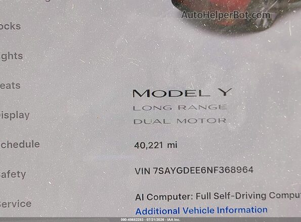 7SAYGDEE6NF368964 2022 TESLA MODEL Y Red 