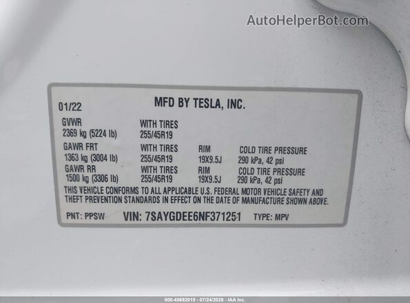 7SAYGDEE6NF371251 2022 TESLA MODEL Y White Engine compartment view