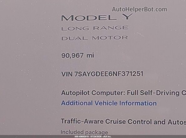 7SAYGDEE6NF371251 2022 TESLA MODEL Y White 