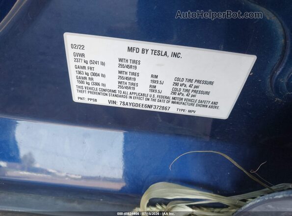 7SAYGDEE6NF372867 2022 TESLA MODEL Y Blue Engine compartment view