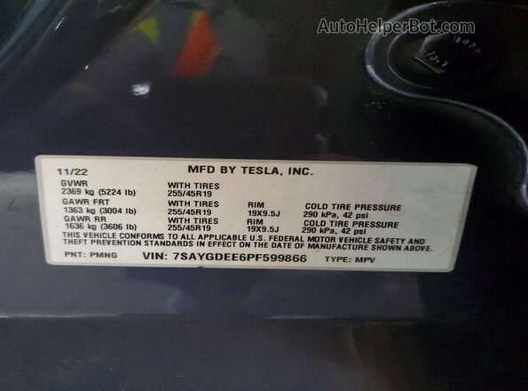 7SAYGDEE6PF599866 2023 TESLA MODEL Gray Vista de la etiqueta del VIN