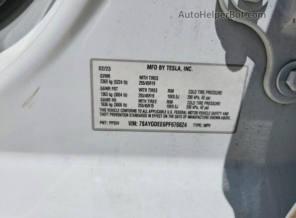 7SAYGDEE6PF676624 2023 TESLA MODEL White Вид наклейки з VIN-кодом