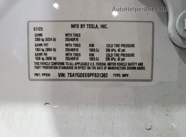 7SAYGDEE6PF831382 2023 TESLA MODEL White Սալոնի 360 աստիճան տեսք