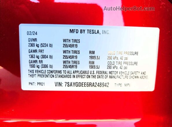 7SAYGDEE6RA248942 2024 TESLA MODEL Red Vista del compartimento del motor