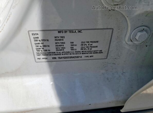 7SAYGDEE6RA259214 2024 TESLA MODEL White Vista de la etiqueta del VIN