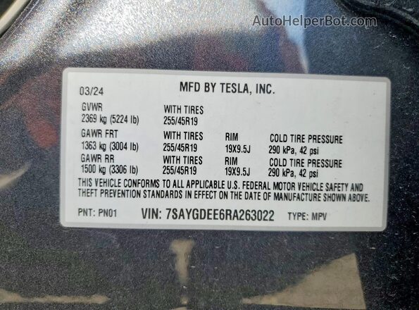 7SAYGDEE6RA263022 2024 TESLA MODEL Gray Vista de la etiqueta del VIN