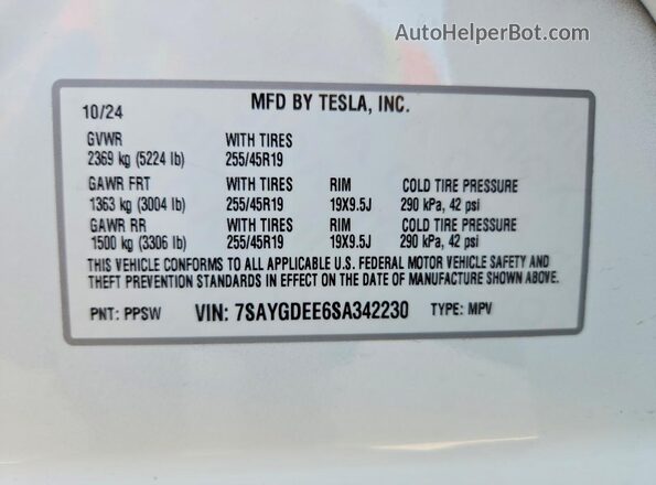 7SAYGDEE6SA342230 2025 TESLA MODEL Белый Вид наклейки с VIN-кодом