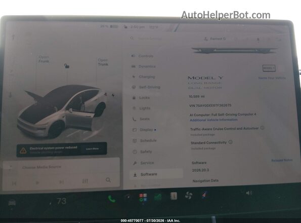 7SAYGDEE6TF362675 2026 TESLA MODEL Y White Widok tylnych siedzeń