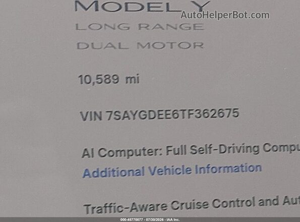 7SAYGDEE6TF362675 2026 TESLA MODEL Y White Widok wnętrza 360 stopni