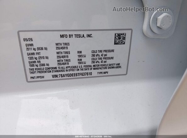 7SAYGDEE6TF637610 2026 TESLA MODEL Y White Vista del compartimento del motor