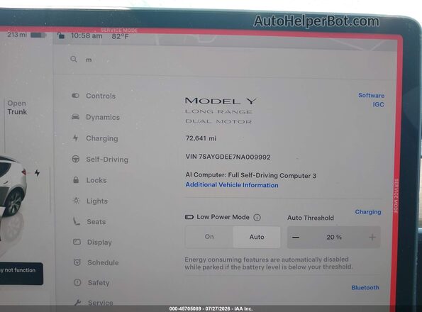 7SAYGDEE7NA009992 2022 TESLA MODEL Y Белый Вид задних сидений