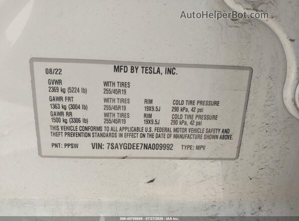 7SAYGDEE7NA009992 2022 TESLA MODEL Y Белый Вид подкапотного пространства