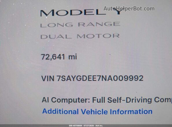 7SAYGDEE7NA009992 2022 TESLA MODEL Y Белый 