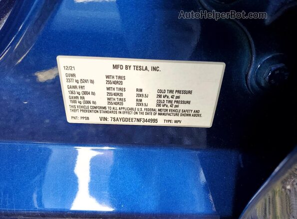 7SAYGDEE7NF344995 2022 TESLA MODEL Blue Widok komory silnika