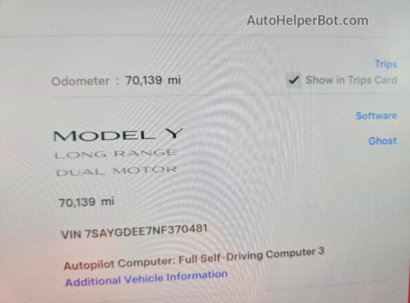 7SAYGDEE7NF370481 2022 TESLA MODEL White ხელსაწყოთა პანელის ხედი