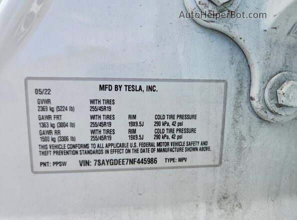 7SAYGDEE7NF445986 2022 TESLA MODEL Белый Вид наклейки с VIN-кодом