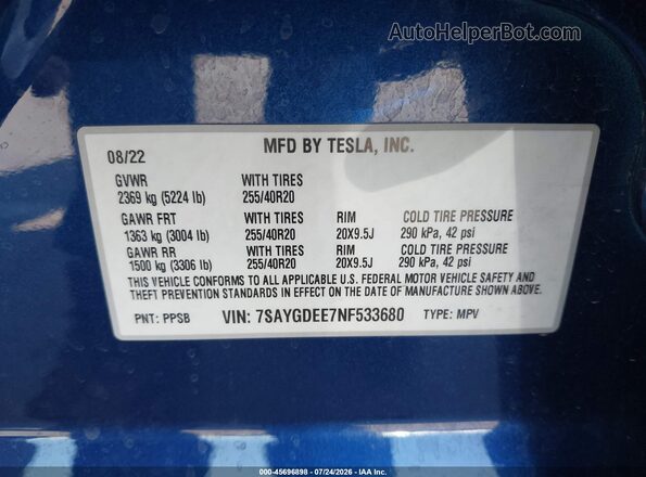 7SAYGDEE7NF533680 2022 TESLA MODEL Y Синий Вид подкапотного пространства