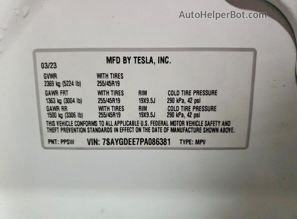 7SAYGDEE7PA086381 2023 TESLA MODEL Белый Вид наклейки с VIN-кодом