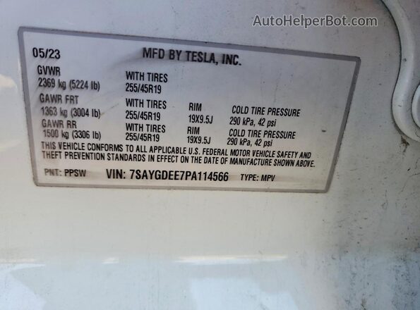 7SAYGDEE7PA114566 2023 TESLA MODEL White VIN կոդի պիտակի տեսք