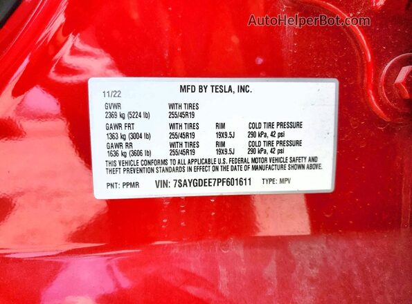 7SAYGDEE7PF601611 2023 TESLA MODEL Red VIN կոդի պիտակի տեսք