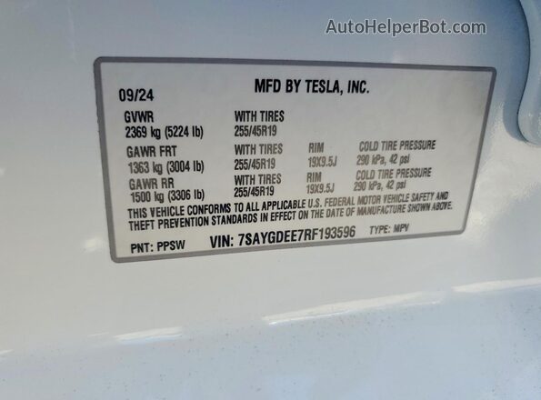 7SAYGDEE7RF193596 2024 TESLA MODEL White Вид підкапотного простору