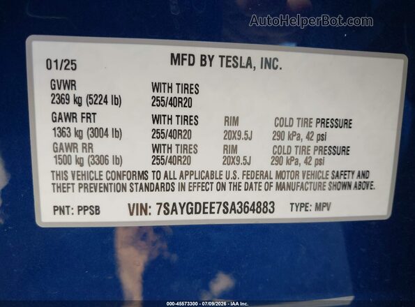 7SAYGDEE7SA364883 2025 TESLA MODEL Y Blue Շարժիչի բաժամունքի տեսք