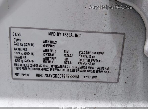 7SAYGDEE7SF292294 2025 TESLA MODEL Y Белый Вид подкапотного пространства