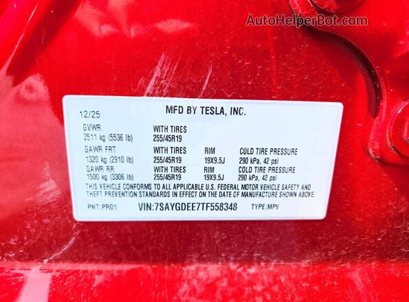 7SAYGDEE7TF558348 2026 TESLA MODEL Red Շարժիչի բաժամունքի տեսք