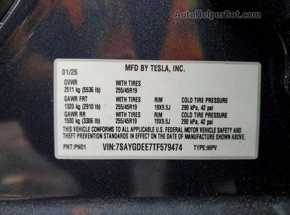 7SAYGDEE7TF579474 2026 TESLA MODEL Charcoal Вид наклейки з VIN-кодом