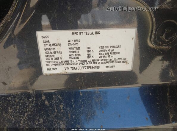 7SAYGDEE7TF624400 2026 TESLA MODEL Y Black Շարժիչի բաժամունքի տեսք