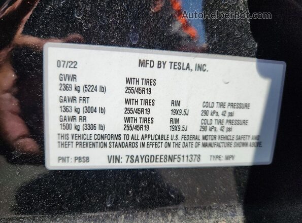7SAYGDEE8NF511378 2022 TESLA MODEL Black Engine compartment view