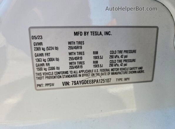 7SAYGDEE8PA125107 2023 TESLA MODEL White VIN sticker view