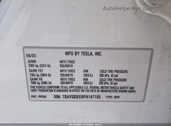 7SAYGDEE8PA147155 2023 TESLA MODEL Y White Շարժիչի բաժամունքի տեսք