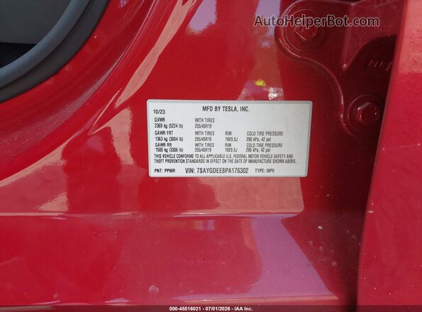 7SAYGDEE8PA176302 2023 TESLA MODEL Y Red Вид підкапотного простору