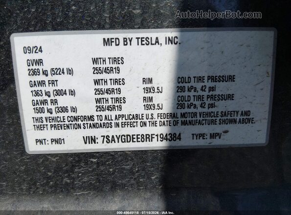 7SAYGDEE8RF194384 2024 TESLA MODEL Y Черный Вид подкапотного пространства
