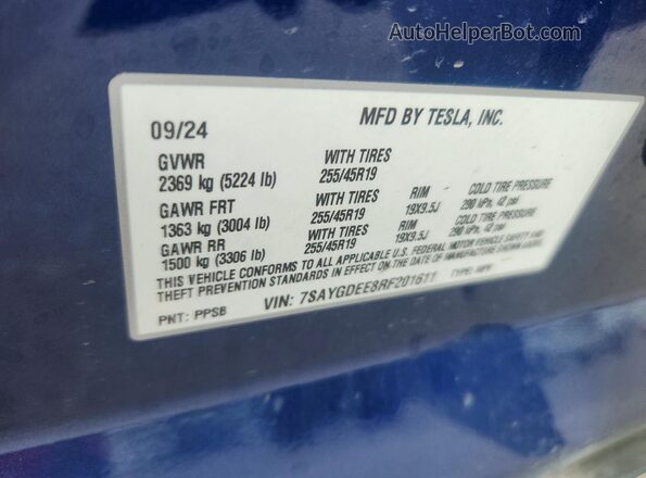 7SAYGDEE8RF201611 2024 TESLA MODEL Blue Vista del compartimento del motor