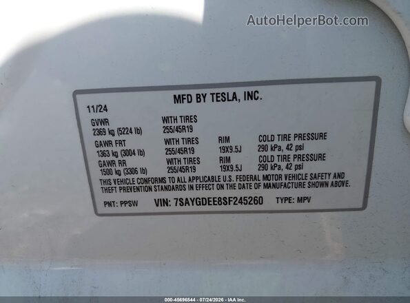 7SAYGDEE8SF245260 2025 TESLA MODEL Y White Engine compartment view
