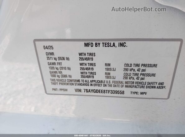 7SAYGDEE8TF339558 2026 TESLA MODEL Y Белый Вид подкапотного пространства
