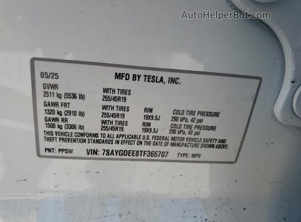 7SAYGDEE8TF365707 2026 TESLA MODEL White Engine compartment view