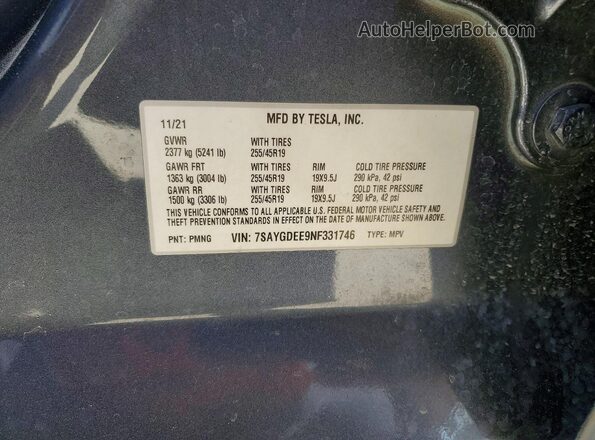 7SAYGDEE9NF331746 2022 TESLA MODEL Charcoal ძრავის განყოფილების ხედი