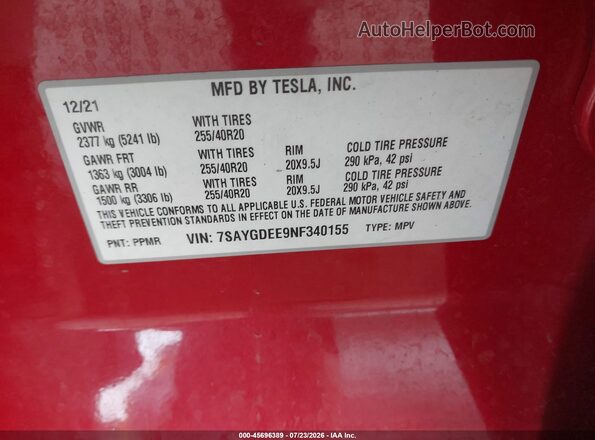 7SAYGDEE9NF340155 2022 TESLA MODEL Y Red Շարժիչի բաժամունքի տեսք