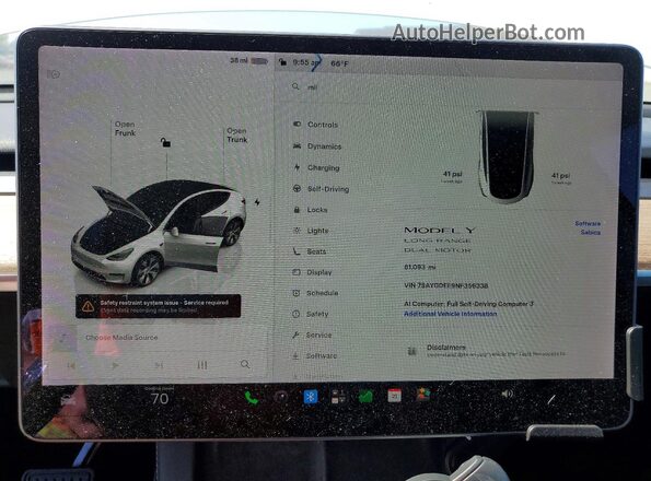 7SAYGDEE9NF356338 2022 TESLA MODEL White Widok zestawu wskaźników