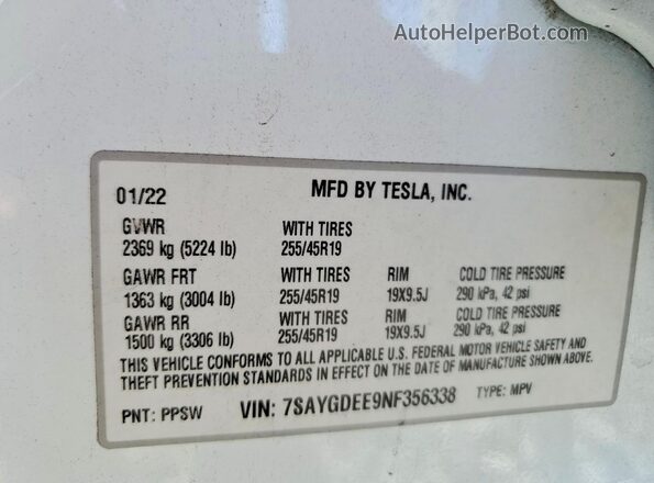 7SAYGDEE9NF356338 2022 TESLA MODEL White Widok komory silnika