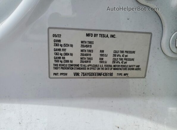 7SAYGDEE9NF436190 2022 TESLA MODEL White VIN კოდის სტიკერის ხედი