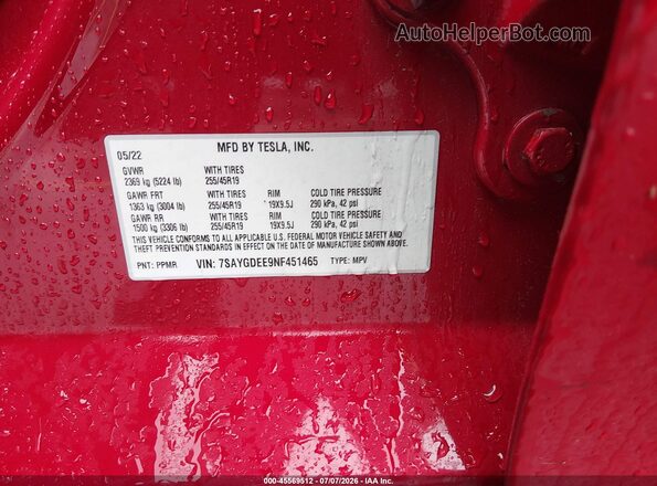 7SAYGDEE9NF451465 2022 TESLA MODEL Y Red Вид підкапотного простору