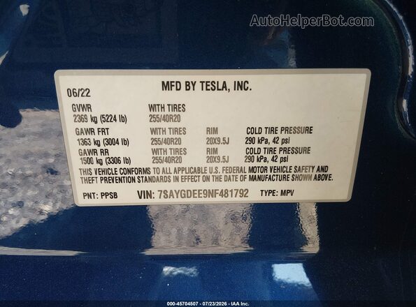 7SAYGDEE9NF481792 2022 TESLA MODEL Y Blue ძრავის განყოფილების ხედი
