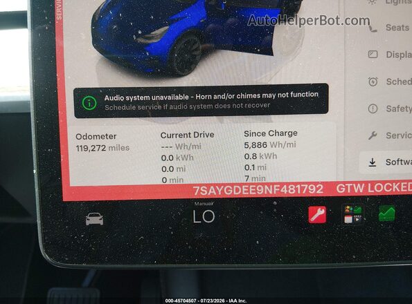 7SAYGDEE9NF481792 2022 TESLA MODEL Y Blue უკანა სავარძლების ხედი