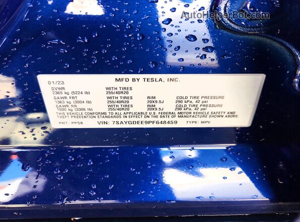 7SAYGDEE9PF648459 2023 TESLA MODEL Blue VIN კოდის სტიკერის ხედი